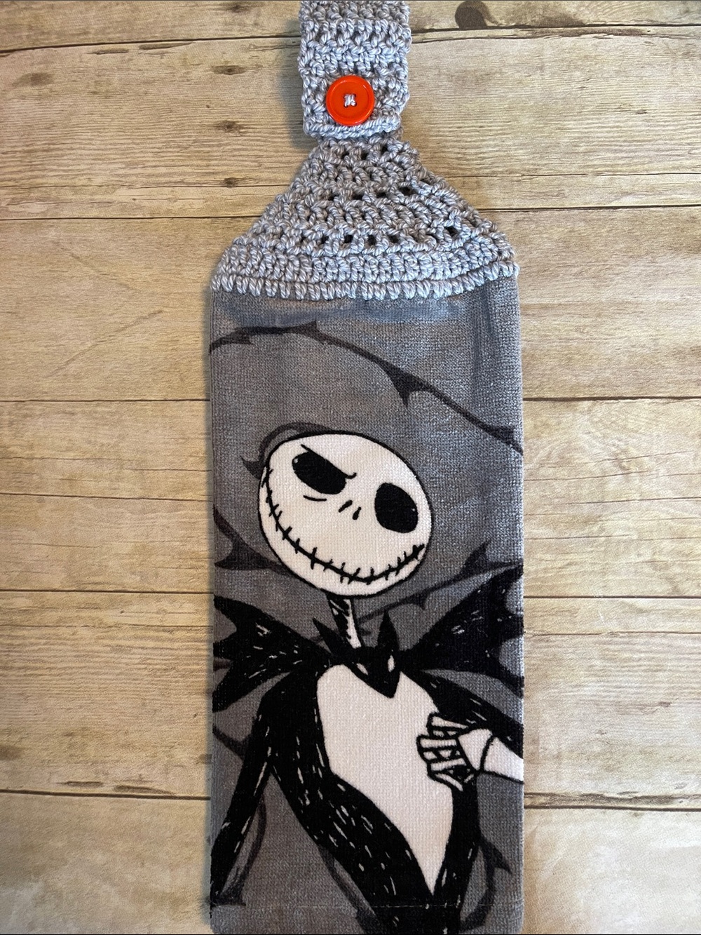 Jack Character from Nightmare Before Christmas Crochet Gray Top Hanging Towel